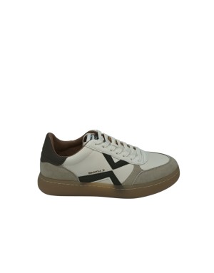 SMITH X SNEAKER LACCI IN VITELLO BOTTALATO E CAMOSCIO COLORE AVORIO CON RIPORTI IN VITELLO VERDE MILITARE E GRIGIO, FONDO GOMMA