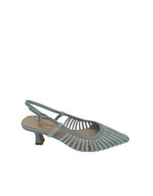 TOSCA BLU CHANEL IN VERNICE GRIGIO/AZZURRO CON FASCETTE IN NABUK STRIATO IN TINTA, APERTURA LATERALE, TACCO FASCIATO 6CM, FONDO