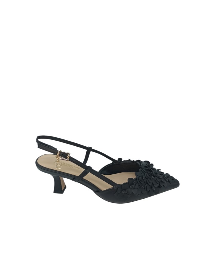 TOSCA BLU CHANEL IN VITELLO NAPPATO COLORE NERO CON CASCATA DI FIORI IN TINTA, TACCO FASCIATO 6CM, FONDO GOMMINA