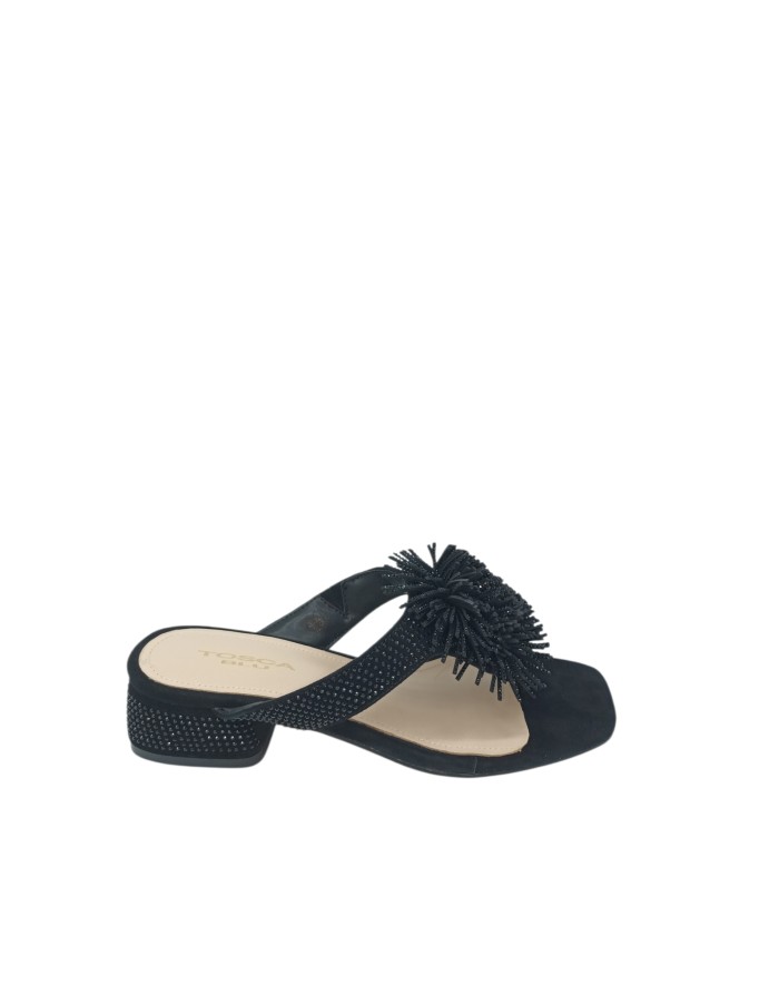 TOSCA BLU INFRADITO IN CAMOSCIO COLORE NERO CON STRASSE IN TINTA E ACCESSORIO/POMPON CENTRALE, TACCO FASCIATO/STRASSATO 4CM, FO