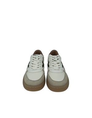 SMITH X SNEAKER LACCI IN VITELLO BOTTALATO E CAMOSCIO COLORE AVORIO CON RIPORTI IN VITELLO VERDE MILITARE E GRIGIO, FONDO GOMMA