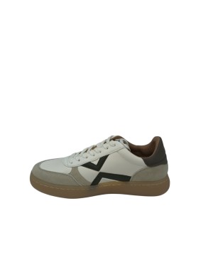 SMITH X SNEAKER LACCI IN VITELLO BOTTALATO E CAMOSCIO COLORE AVORIO CON RIPORTI IN VITELLO VERDE MILITARE E GRIGIO, FONDO GOMMA