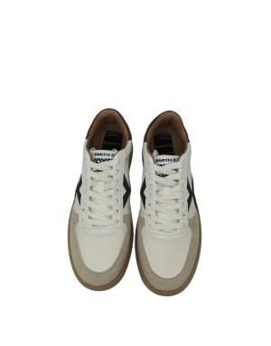 SMITH X SNEAKER LACCI IN VITELLO BOTTALATO E CAMOSCIO COLORE AVORIO CON RIPORTI IN VITELLO VERDE MILITARE E GRIGIO, FONDO GOMMA