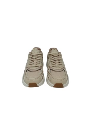 SMITH X SNEAKER LACCI  IN VITELLO E TESSUTO TECNICO COLORE CREMA-CIPRIA, FONDO GOMMA RUNNING 5CM