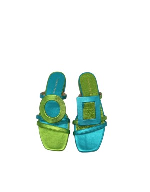 EXE' SABOT SPUNTATO IN VITELLO LAMINATO COLORE VERDE-AZZURRO, FONDINO GOMMA, TACCO 2,5CM