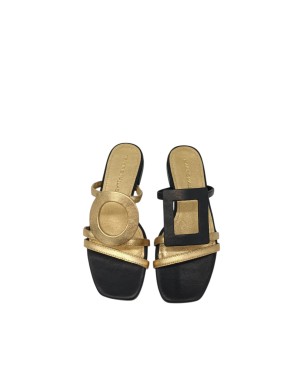 EXE' SABOT SPUNTATO IN VITELLO LAMINATO COLORE ORO-NERO, FONDINO GOMMA, TACCO 2,5CM