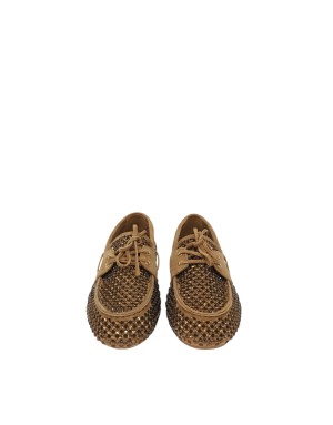 LODI STRINGATA GUSTO BARCA IN CAMOSCIO FORATO COLORE CAMEL TEMPESTATO DI STRASSE IN TINTA, FONDINO GOMMA 2CM