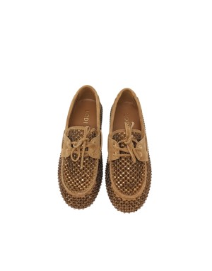 LODI STRINGATA GUSTO BARCA IN CAMOSCIO FORATO COLORE CAMEL TEMPESTATO DI STRASSE IN TINTA, FONDINO GOMMA 2CM