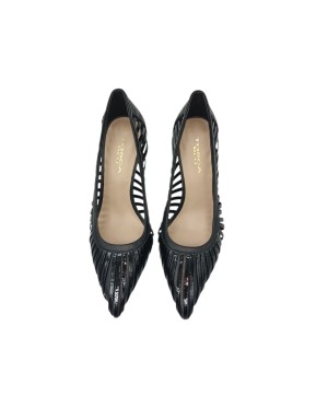 TOSCA BLU DECOLLETE' IN VITELLO NAPPATO  E VERNICE COLORE NERO, FORATURA LATERALE, TACCO FASCIATO 8CM, FONDO GOMMINA