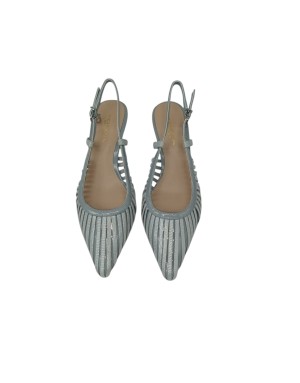 TOSCA BLU CHANEL IN VERNICE GRIGIO/AZZURRO CON FASCETTE IN NABUK STRIATO IN TINTA, APERTURA LATERALE, TACCO FASCIATO 6CM, FONDO