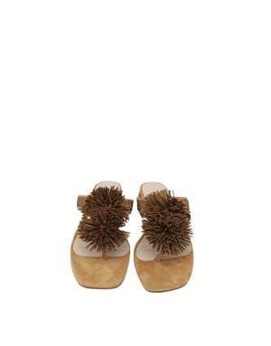 TOSCA BLU INFRADITO IN CAMOSCIO COLORE CUOIO CON STRASSE IN TINTA E ACCESSORIO/POMPON CENTRALE, TACCO FASCIATO/STRASSATO 4CM, F