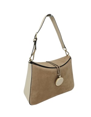 CROMIA BORSA GRANDE IN NABUK COLORE HAVANA CON LATERALI IN VITELLO BOTTALATO IN TINTA, CHIUSURA CENTRALE A LIBRO, ACCESSORIO FR