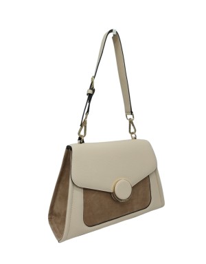 CROMIA BORSA GRANDE IN VITELLO BOTTALATO COLORE HAVANA CON RIPORTI IN CAMOSCIO IN TINTA, CHIUSURA A PATTA CON ACCESSORIO CROMAT