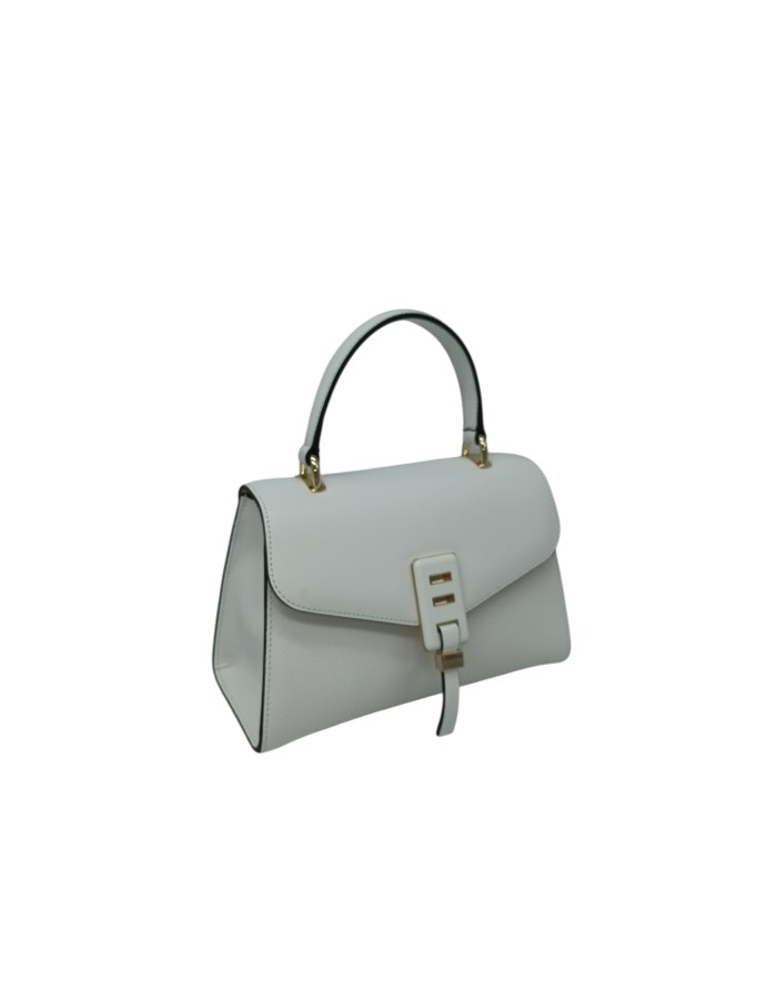 CROMIA BORSA MEDIA IN VITELLO BOTTALATO COLORE BIANCO, CHIUSURA CON PATTA IN VITELLO LISCIO CON ACCESSORIO RIVESTITO, MANICO E 