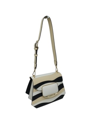 CROMIA BORSA MEDIA IN VITELLO BOTTALATO COLORE BIANCO-NERO-AVORIO, CHIUSURA CON PATTA, TRACOLLA STACCABILE/REGOLABILE
