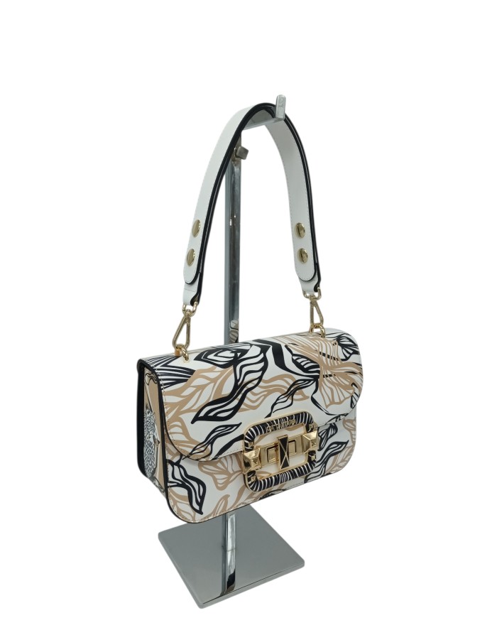 CROMIA BORSA MEDIA IN VITELLO SERIGRAFATO COLORE BIANCO-NERO-BEIGE, CHIUSURA CON PATTA TRACOLLA E TRACOLLINA STACCABILI/REGOLAB