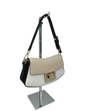 CROMIA BORSA MEDIA/PICCOLA IN VITELLO BIANCO-BEIGE CON RIPORTO IN CAMOSCIO NERO, CHIUSURA CON PATTA, TRACOLLINA E TRACOLLA LUNG