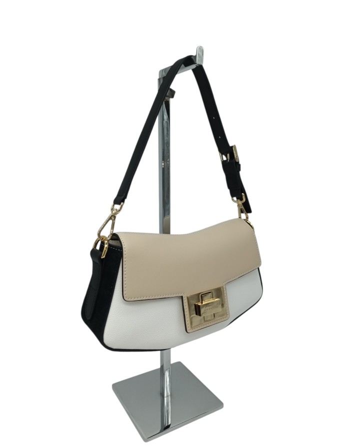 CROMIA BORSA MEDIA/PICCOLA IN VITELLO BIANCO-BEIGE CON RIPORTO IN CAMOSCIO NERO, CHIUSURA CON PATTA, TRACOLLINA E TRACOLLA LUNG