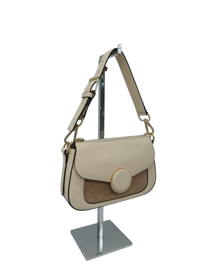 CROMIA BORSA MEDIO/PICCOLA IN VITELLO BOTTALATO COLORE HAVANA CON RIPORTI IN CAMOSCIO IN TINTA, LAMPO CENTRALE, TASCA FRONTALE 