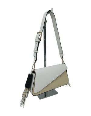 CROMIA BORSA MEDIO/PICCOLA IN VITELLO COLORE BIANCO-BEIGE CON RIPORTI NERI, CHIUSURA CON PATTA TRASVERSALE, NAPPINE BICOLOR LAT