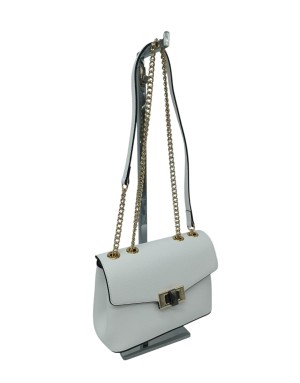 CROMIA BORSA PICCOLA IN VITELLO BOTTALATO COLORE BIANCO, CHIUSURA CON PATTA, TRACOLLA REGOLABILE CATENA E PELLE