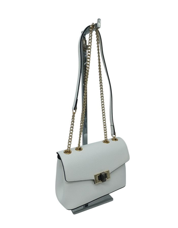 CROMIA BORSA PICCOLA IN VITELLO BOTTALATO COLORE BIANCO, CHIUSURA CON PATTA, TRACOLLA REGOLABILE CATENA E PELLE