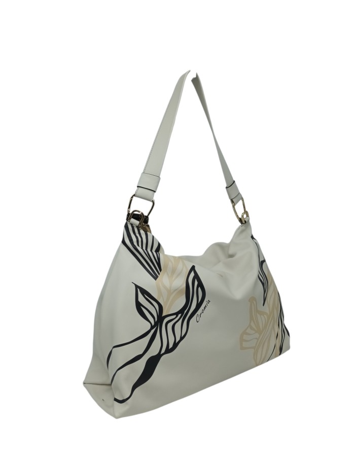 CROMIA BORSA SACCA GRANDE IN NAPPA COLORE CHANTILLY, SERIGRAFATA IN NERO E BEIGE, LAMPO CENTRALE, MANICO IN NAPPA NERA, TRACOLL