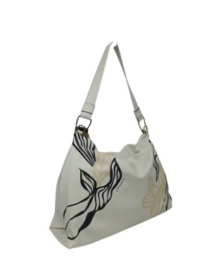 CROMIA BORSA SACCA GRANDE IN NAPPA COLORE CHANTILLY, SERIGRAFATA IN NERO E BEIGE, LAMPO CENTRALE, MANICO IN NAPPA NERA, TRACOLL