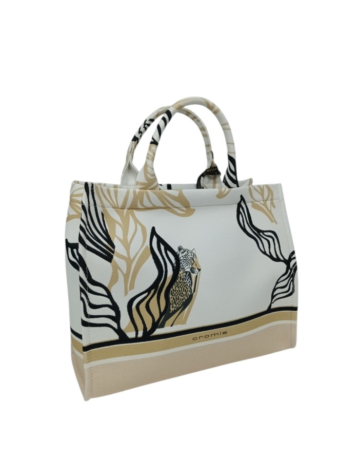 CROMIA BORSA SHOPPER IN TESSUTO SERIGRAFATO COLORE BIANCO-NERO-BEIGE, LAMPO CENTRALE, DUE MANICI E TRACOLLA STACCABILE/REGOLABI