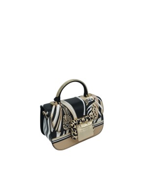 CROMIA BORSA/BAULETTO PICCOLO IN VITELLO COLORE BIANCO-NERO-BEIGE, CHIUSURA CON PATTA CON ACCESSORIO DORATO, MANICO DORATO E TR