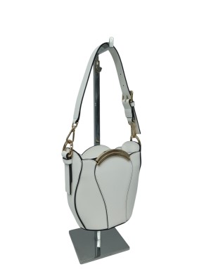 CROMIA BORSA/SECCHIELLO MEDIO/PICCOLO  IN VITELLO COLORE BIANCO CON PROFILI NERI, TAGLIO A FIORE CON ACCESSORIO DORATO, TRACOLL