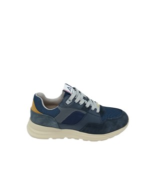 AMBITIOUS SNEAKER LACCI IN CAMOSCIO E VITELLO COLORE BLU NAVY, VASCHETTA IN TESSUTO RETATO IN TINTA, TOPPONCINO COLORE CUOIO, F
