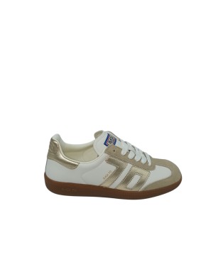 BACK 70 SNEAKER LACCI IN NAPPA E CAMOSCIO COLORE BIANCO-BEIGE CON LOGO IL LANINATO ORO, FONDO GOMMA 3CM