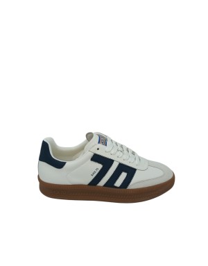 BACK 70 SNEAKER LACCI IN VITELLO E CAMOSCIO COLORE BIANCO CON LOGO E TOPPONCINO BLU NAVY, FONDO GOMMA MIELE