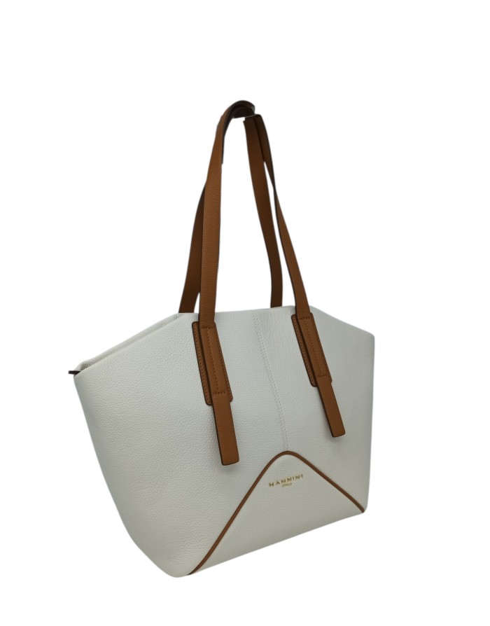 NANNINI BORSA GRANDE IN VITELLO COLORE AVORIO CON PROFILI E DOPPIO MANICO A SPALLA IN VITELLO COGNAC, LAMPO CENTRALE E TASCA PO