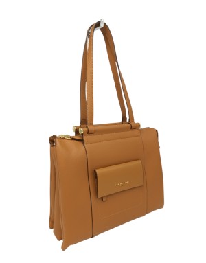 NANNINI BORSA GRANDE IN VITELLO COLORE COGNAC, LAMPO CENTRALE, TRE SCOMPARTI, TASCA FRONTALE CON PATTA E TASCA POSTERIORE, DUE 