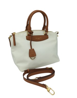 NANNINI BORSA MEDIA IN NYLON COLORE AVORIO CON RIPORTI IN VITELLO CUOIO, LAMOI CENTRALE, TASCA POSTERIORE, DUE MANICI E TRACOLL