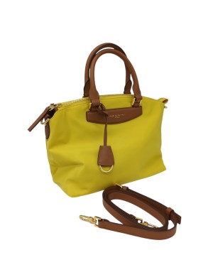 NANNINI BORSA MEDIA IN NYLON COLORE GIALLO CON RIPORTI IN VITELLO CUOIO, LAMPO CENTRALE, TASCA POSTERIORE, DUE MANICI E TRACOLL