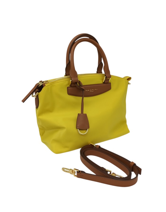 NANNINI BORSA MEDIA IN NYLON COLORE GIALLO CON RIPORTI IN VITELLO CUOIO, LAMPO CENTRALE, TASCA POSTERIORE, DUE MANICI E TRACOLL