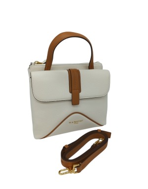 NANNINI BORSA MEDIA IN VITELLO BOTTALATO COLORE AVORIO CON RIPORTI COGNAC, DUE SCOMPARTI CON CHIUSURA CON PATTA E LAMPO, TASCA 