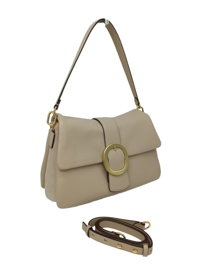 NANNINI BORSA MEDIO/GRANDE IN VITELLO BOTTALATO COLORE BEIGE CON RIPORTI LATERALI IN CAMOSCIO IN TINTA, CHIUSURA CON PATTA CON 