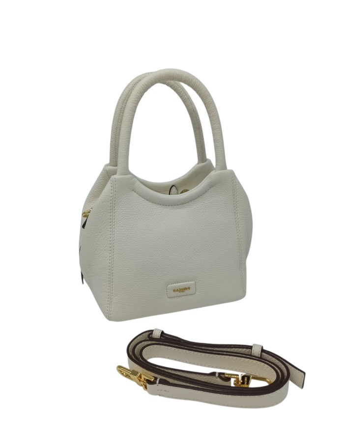 NANNINI BORSA PICCOLA IN VITELLO BOTTALATO COLORE AVORIO, LAMPO CENTRALE, DUE MANICI E TRACOLLA STACCABILE/REGOLABILE