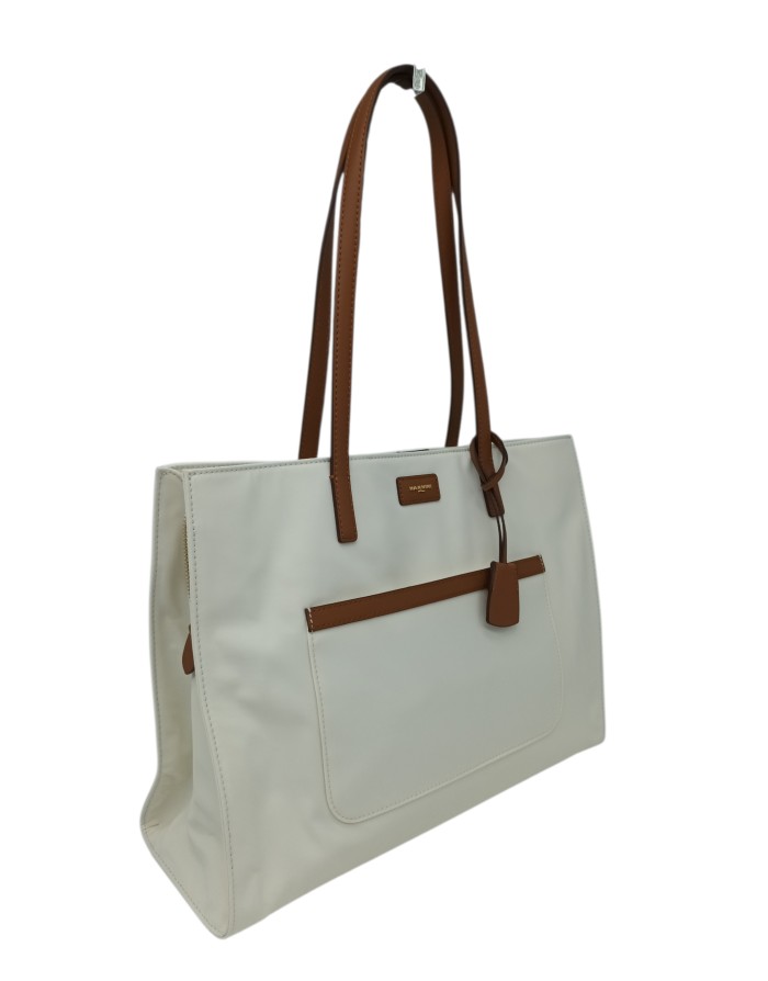NANNINI BORSA SHOPPER GRANDE IN NYLON COLORE AVORIO CON RIPORTI IN VITELLO CUOIO, LAMPO CENTRALE, TRE SCOMPARTI, MANICI A SPALL