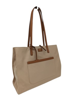 NANNINI BORSA SHOPPER GRANDE IN NYLON COLORE BEIGE CON RIPORTI IN VITELLO CUOIO, LAMPO CENTRALE, TRE SCOMPARTI, MANICI A SPALLA