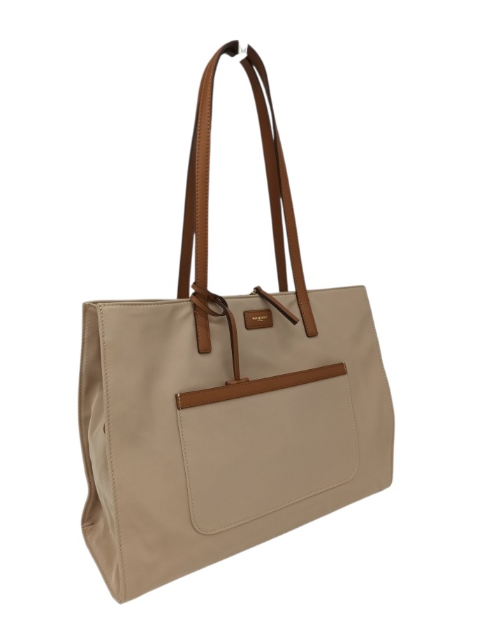 NANNINI BORSA SHOPPER GRANDE IN NYLON COLORE BEIGE CON RIPORTI IN VITELLO CUOIO, LAMPO CENTRALE, TRE SCOMPARTI, MANICI A SPALLA