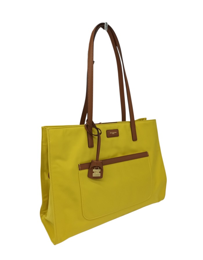 NANNINI BORSA SHOPPER GRANDE IN NYLON COLORE GIALLO CON RIPORTI IN VITELLO CUOIO, LAMPO CENTRALE, TRE SCOMPARTI, MANICI A SPALL