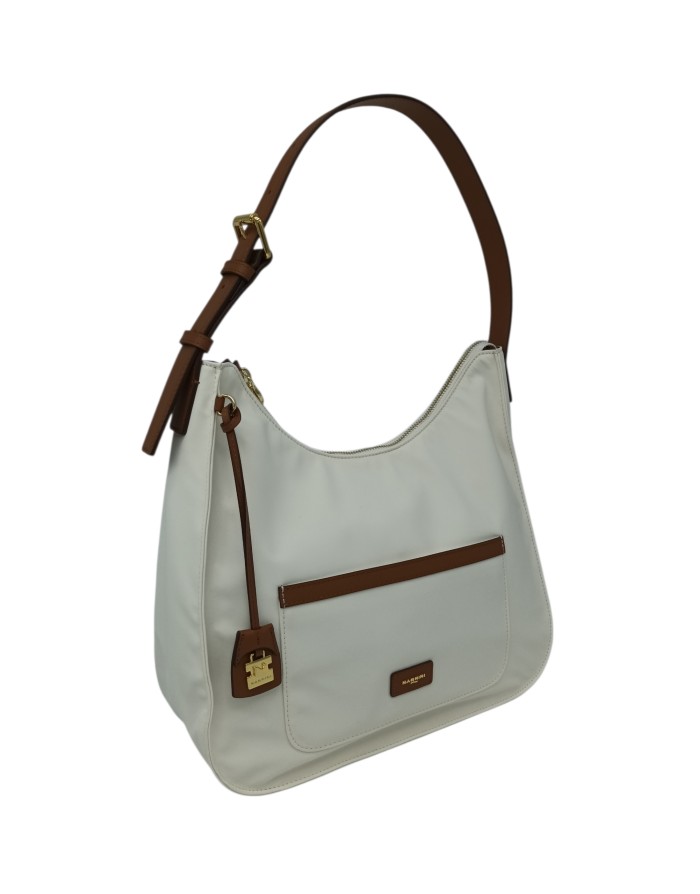 NANNINI BORSA SHOPPER MEZZALUNA IN NYLON COLORE AVORIO CON RIPORTI IN VITELLO CUOIO, LAMPO CENTRALE,TASCA FRONTALE E POSTERIORE