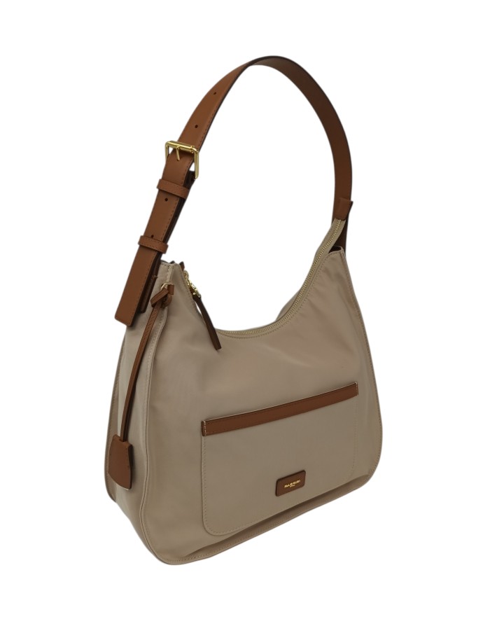 NANNINI BORSA SHOPPER MEZZALUNA IN NYLON COLORE BEIGE CON RIPORTI IN VITELLO CUOIO, LAMPO CENTRALE,TASCA FRONTALE E POSTERIORE,