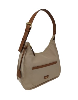NANNINI BORSA SHOPPER MEZZALUNA IN NYLON COLORE BEIGE CON RIPORTI IN VITELLO CUOIO, LAMPO CENTRALE,TASCA FRONTALE E POSTERIORE,