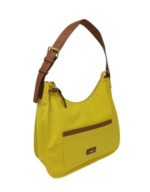 NANNINI BORSA SHOPPER MEZZALUNA IN NYLON COLORE GIALLO CON RIPORTI IN VITELLO CUOIO, LAMPO CENTRALE,TASCA FRONTALE E POSTERIORE